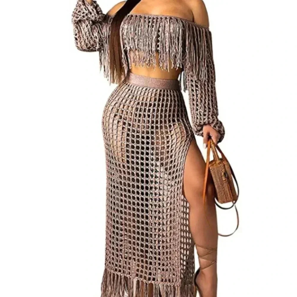 EXCLUSIVECB LUXURY WOMENS COFFEE LOUNGE SET CROP TOP W/ MAXI SKIRT
